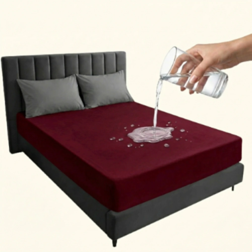 Maroon Premium Terry Cotton 100% Waterproof Fitted Mattress Protector (Maroon) - Image 1